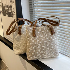 Straw Shoulder Bag Lace Woven Handbag Summer Beach Tote Lady Travel Purse