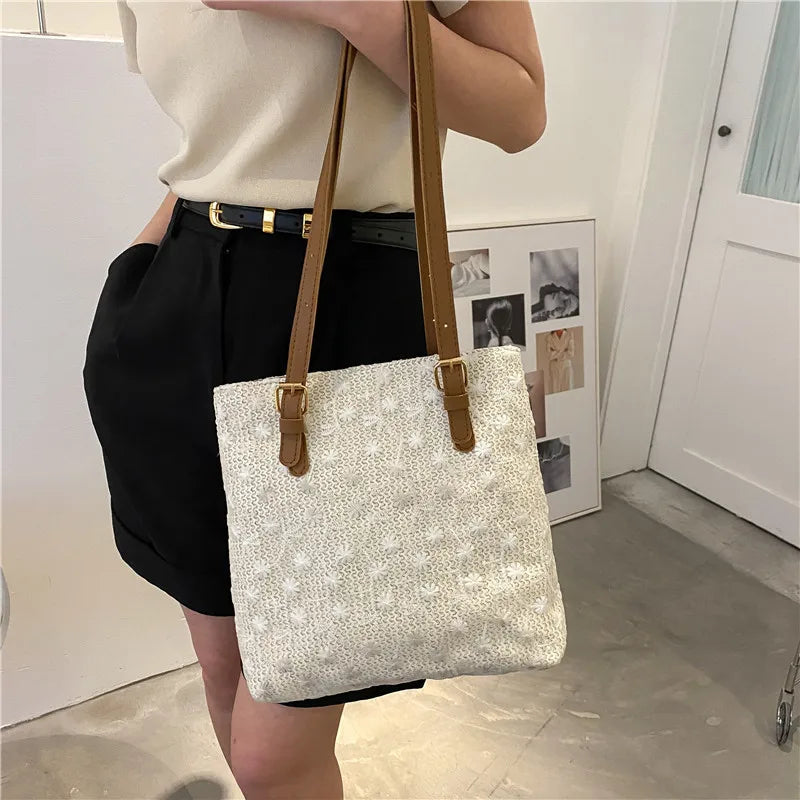 Straw Shoulder Bag Lace Woven Handbag Summer Beach Tote Lady Travel Purse