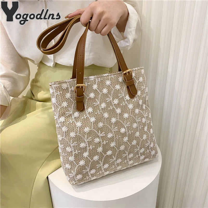Straw Shoulder Bag Lace Woven Handbag Summer Beach Tote Lady Travel Purse