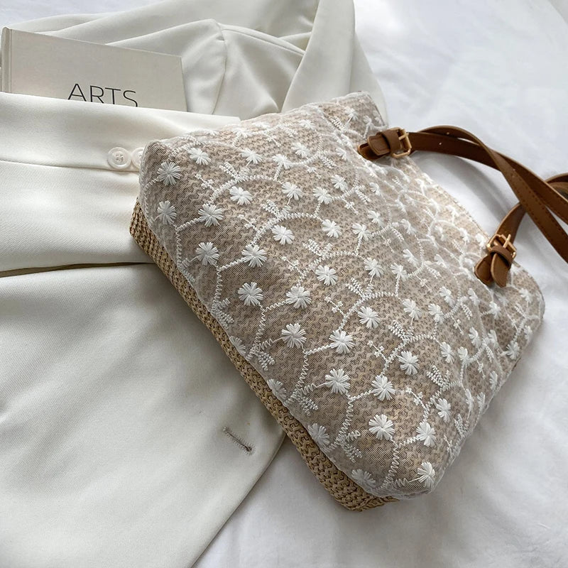 Straw Shoulder Bag Lace Woven Handbag Summer Beach Tote Lady Travel Purse