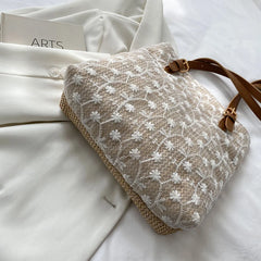 Straw Shoulder Bag Lace Woven Handbag Summer Beach Tote Lady Travel Purse