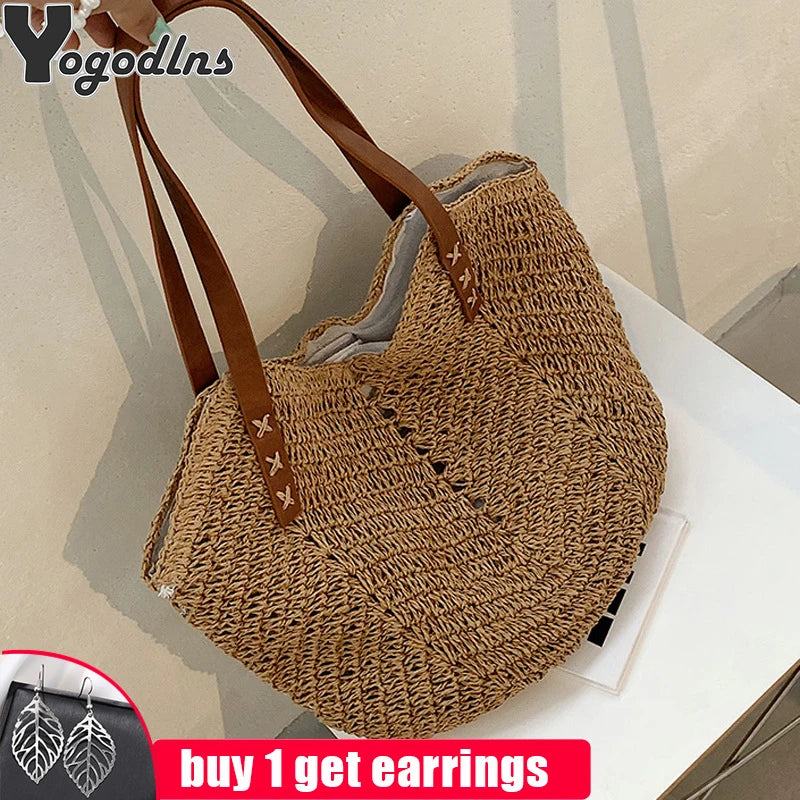 Straw Woven Beach Bags Women Shoulder Bag Lady Summer Travel Handbags Tote