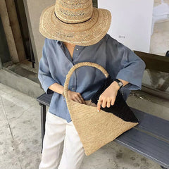 Large Capacity Raffia Tote Hand-Woven Straw Bag Patchwork Women Shoulder Bags