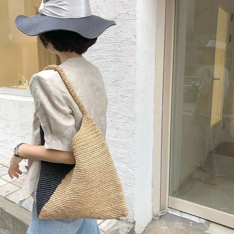 Large Capacity Raffia Tote Hand-Woven Straw Bag Patchwork Women Shoulder Bags