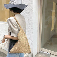Large Capacity Raffia Tote Hand-Woven Straw Bag Patchwork Women Shoulder Bags