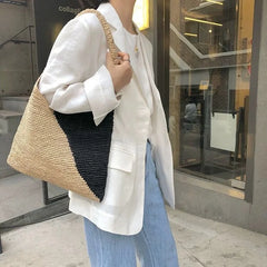 Large Capacity Raffia Tote Hand-Woven Straw Bag Patchwork Women Shoulder Bags