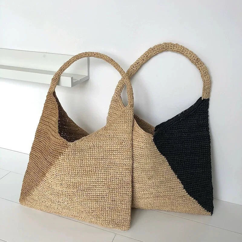 Large Capacity Raffia Tote Hand-Woven Straw Bag Patchwork Women Shoulder Bags
