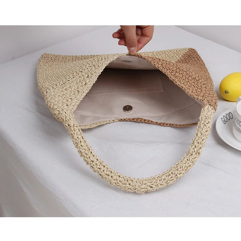 Large Capacity Raffia Tote Hand-Woven Straw Bag Patchwork Women Shoulder Bags