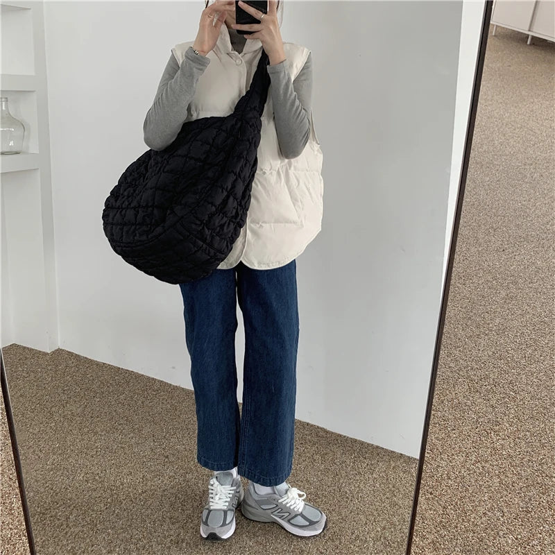 Casual Large Capacity Tote Shoulder Bags Ruched Handbag Nylon Crossbody Bag