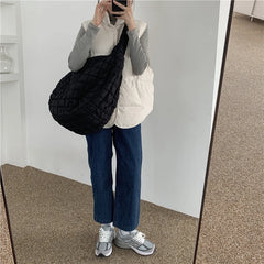 Casual Large Capacity Tote Shoulder Bags Ruched Handbag Nylon Crossbody Bag