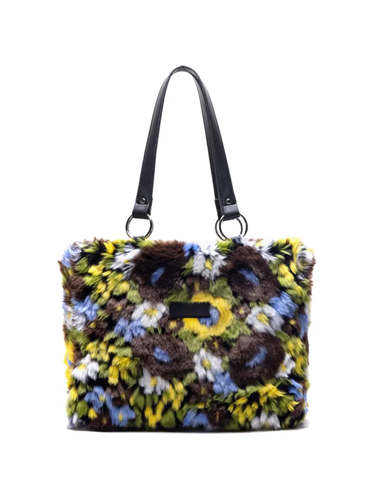 Oil Painting Plush Women Shoulder Bags Faux Fur Lady Handbags