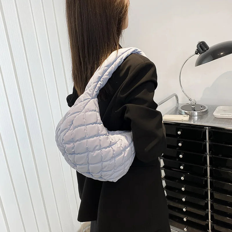 Casual Lingge Quilted Hobos Women Shoulder Bags Lightweight Nylon Small Tote Pur