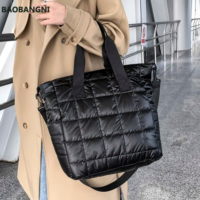 Quilted Nylon Shoulder Bag Cotton Padded Handbag Winter Large Capacity