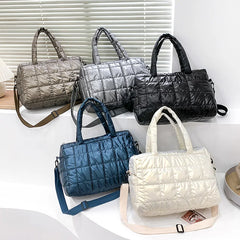Nylon Waterproof Grid Bucket Shoulder Bag for Women - Winter Ladies Handbag