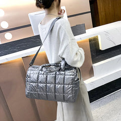 Nylon Waterproof Grid Bucket Shoulder Bag for Women - Winter Ladies Handbag