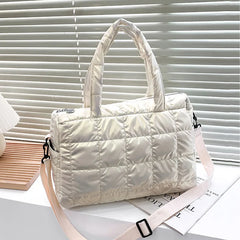 Nylon Waterproof Grid Bucket Shoulder Bag for Women - Winter Ladies Handbag