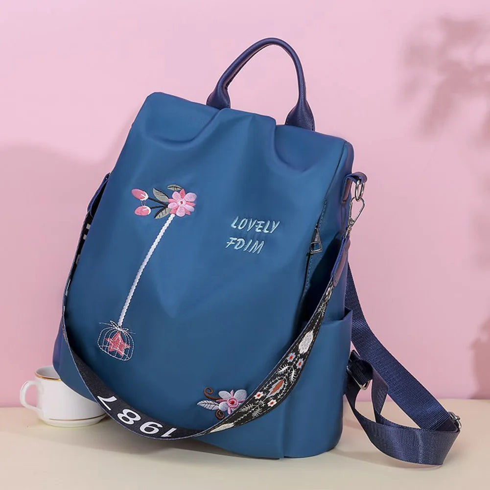 Flower Embroidered Oxford Cloth Backpack School Book Bag