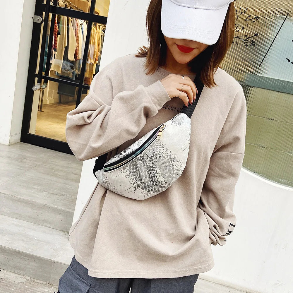Glitter PU Leather Chest Bags Women Streetwear Messenger Packs