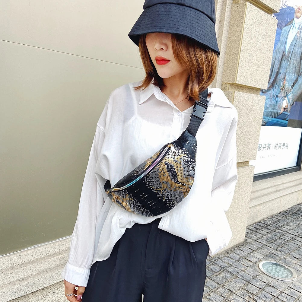 Glitter PU Leather Chest Bags Women Streetwear Messenger Packs