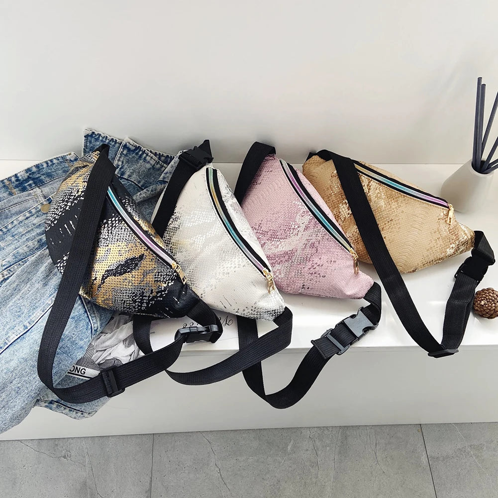 Glitter PU Leather Chest Bags Women Streetwear Messenger Packs