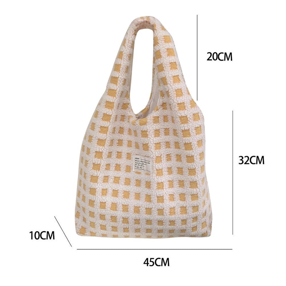 Soft Plush Shoulder Bag Waffle Plaid Portable Handbag