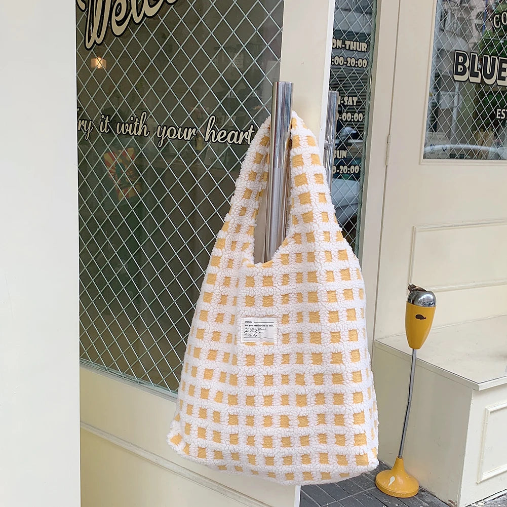 Soft Plush Shoulder Bag Waffle Plaid Portable Handbag