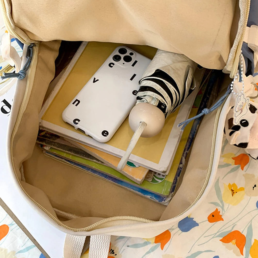 Preppy Style Canvas School Bags with Cow Pendants