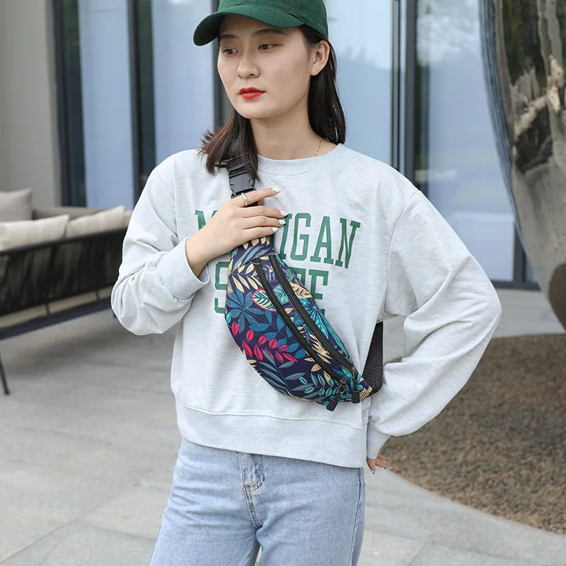 Print Leaf Crossbody Belt Bag Outdoor Sports Messenger Pouch
