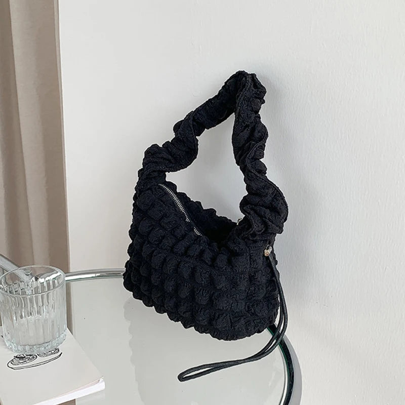 Quilted Women Shoulder Bag with Ruched Strap Nylon Padded Small Tote