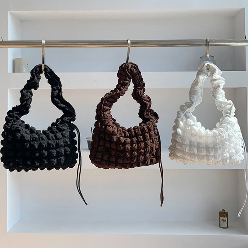 Quilted Women Shoulder Bag with Ruched Strap Nylon Padded Small Tote