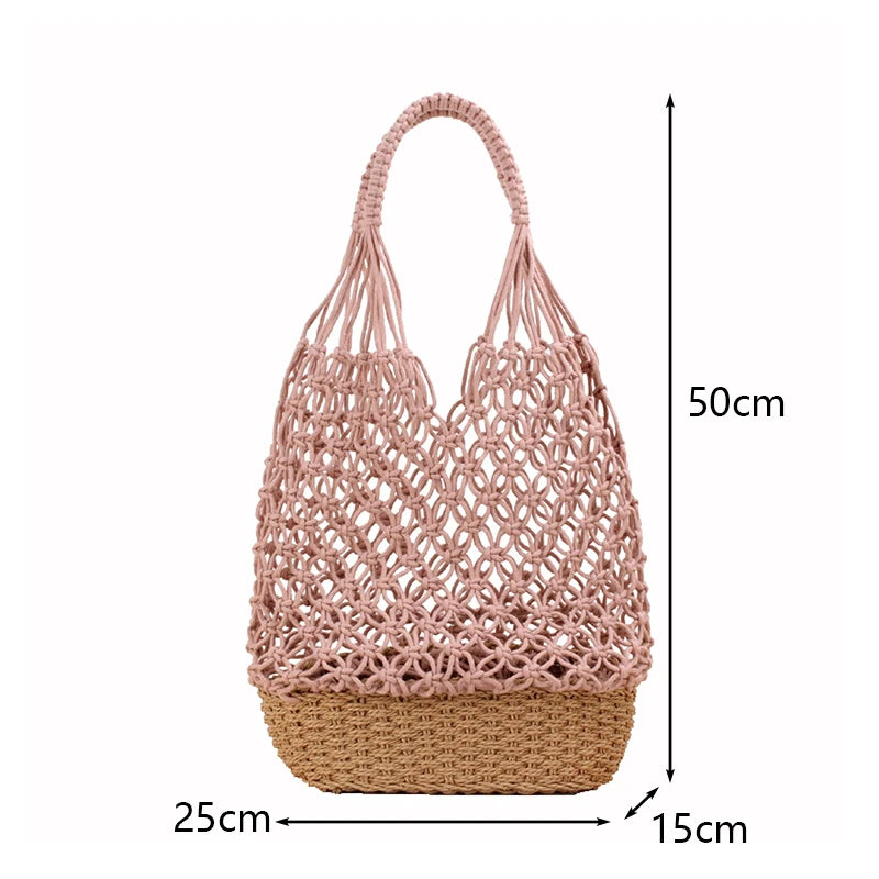 Casual Rattan Woven Women Handbag Big Straw Mesh Rope Weaving