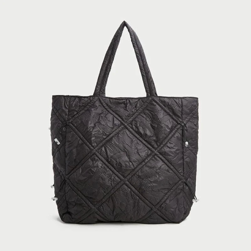 Ruched Canvas Large Tote Bag Drawstring Women Handbags Quilted Padded Shoulder B