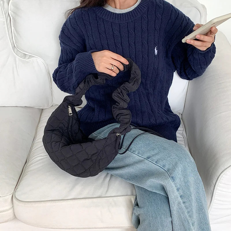 Ruched Strap Nylon Shoulder Bag for Women Quilted Padded Crossbody Tote