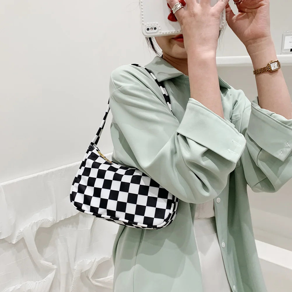 Plaid Leopard Print Nylon Shoulder Bag for Women