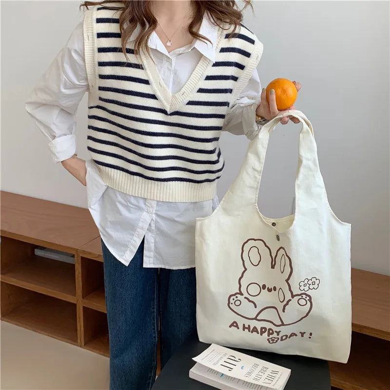 Casual Cartoon Print Canvas Shoulder Bag Women Large Capacity Tote Bag