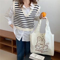 Casual Cartoon Print Canvas Shoulder Bag Women Large Capacity Tote Bag