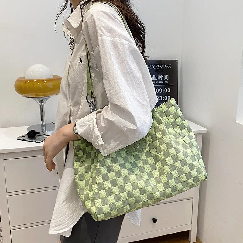 Plaid Shoulder Bag Vintage Handbag Large Capacity Travel Tote for Women