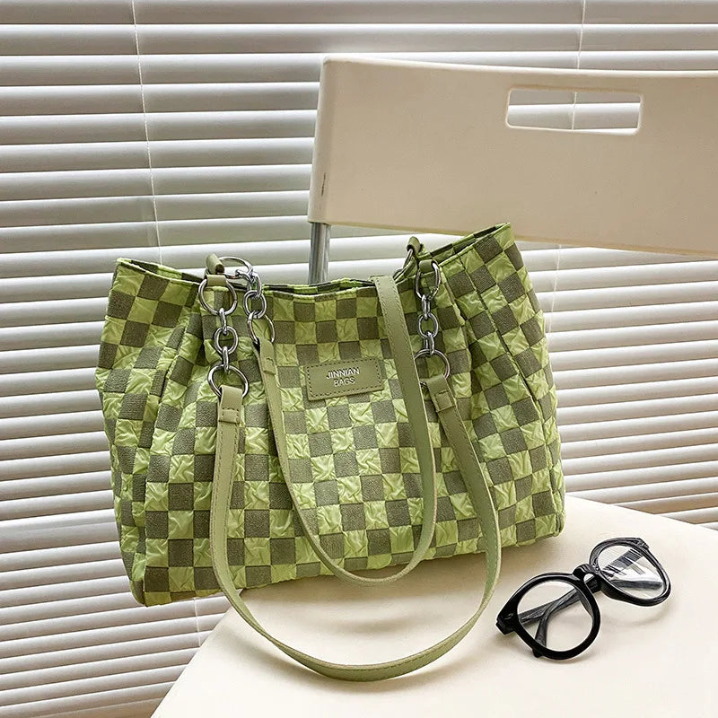 Plaid Shoulder Bag Vintage Handbag Large Capacity Travel Tote for Women