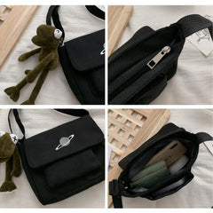 Canvas Shoulder Bag Messenger with Frog Embroidery