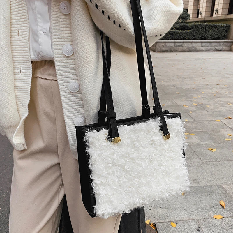 Soft Lambswool Large Totes Bags for Women Winter Plush Handbags