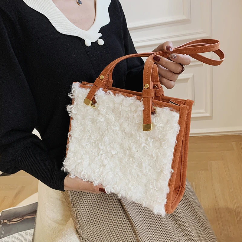 Soft Lambswool Large Totes Bags for Women Winter Plush Handbags