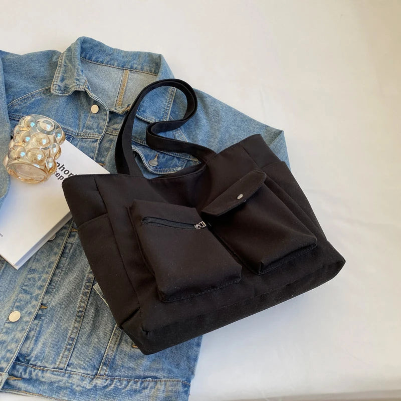 Casual Canvas Tote Bag for Women Spring Solid Shoulder Travel Schoolbag