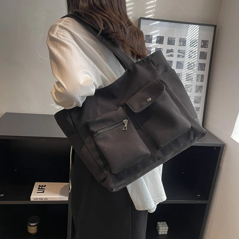 Casual Canvas Tote Bag for Women Spring Solid Shoulder Travel Schoolbag