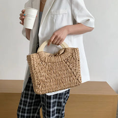Casual Summer Straw Tote Bag Women Travel Handbag Lady Shoulder Beach Soild