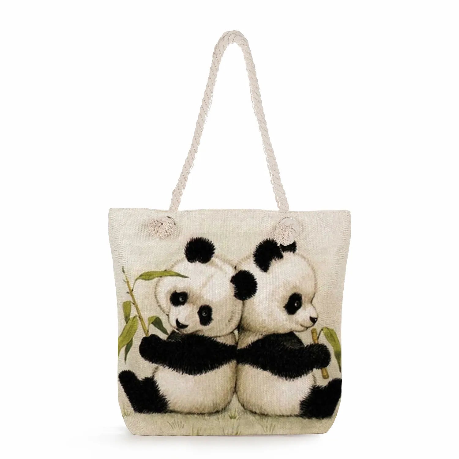 Casual Thick Rope Tote Linen Shopper Shoulder Bag Panda Ladies Handbag