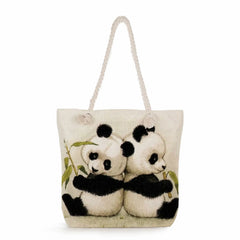 Casual Thick Rope Tote Linen Shopper Shoulder Bag Panda Ladies Handbag