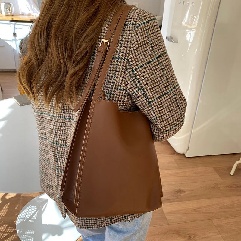 Vintage Ladies Pu Leather Shoulder Bags Underarm Bag Big Size Handbags