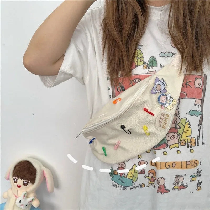 Canvas Fanny Belt Pack Brooch Ladies Bum Bag Zipper Crossbody Pouch