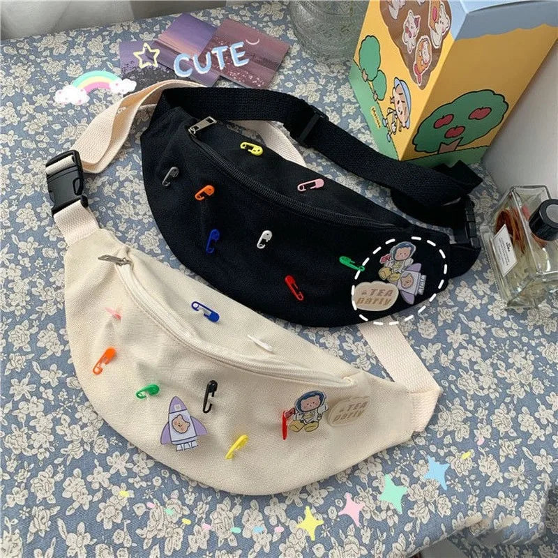 Canvas Fanny Belt Pack Brooch Ladies Bum Bag Zipper Crossbody Pouch