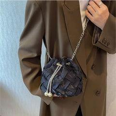 Casual Weaving Shoulder Bags for Women PU Leather Bucket Shape Chains Crossbody
